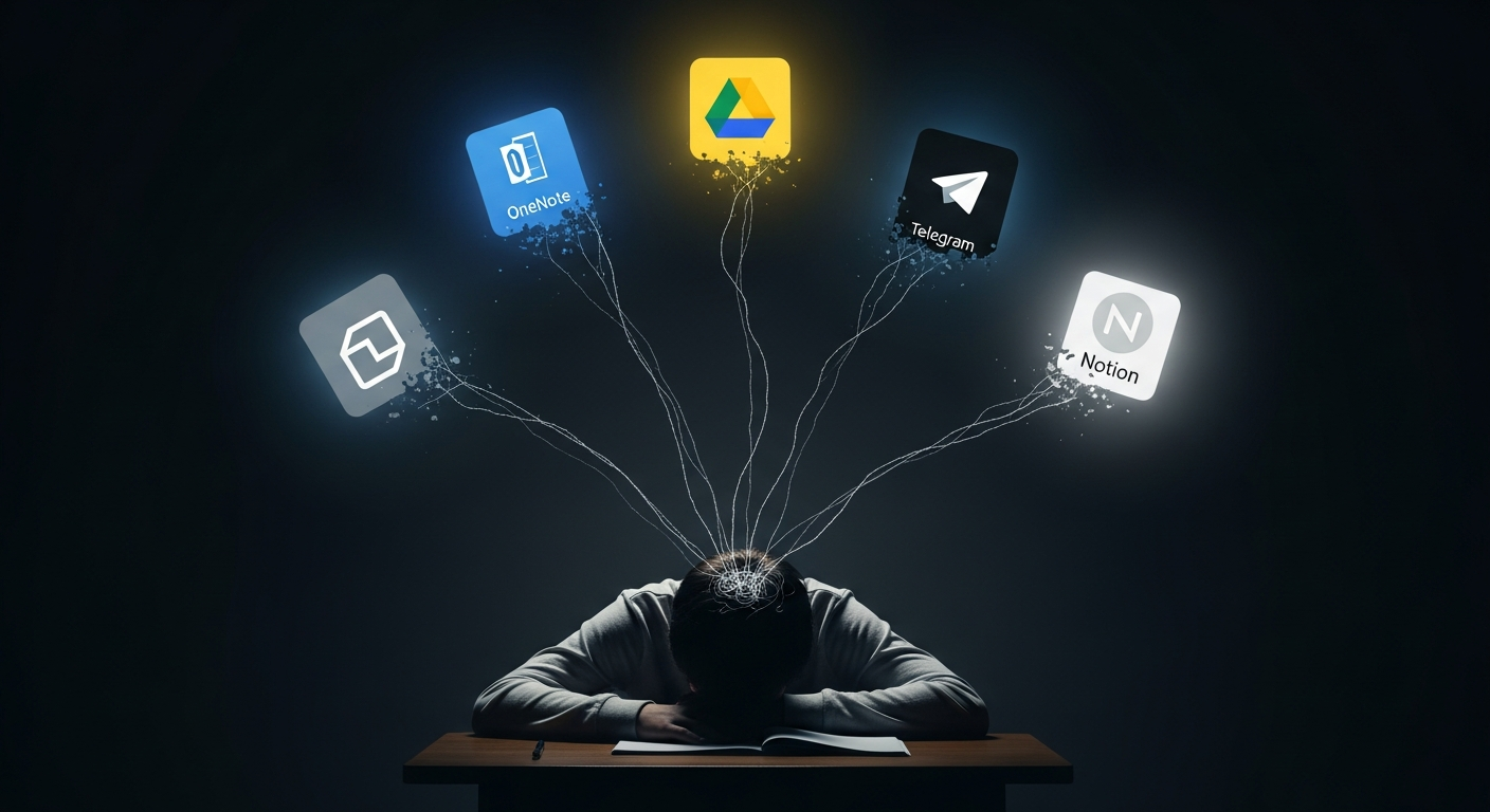 Aspirant with scattered notes apps connected through their head